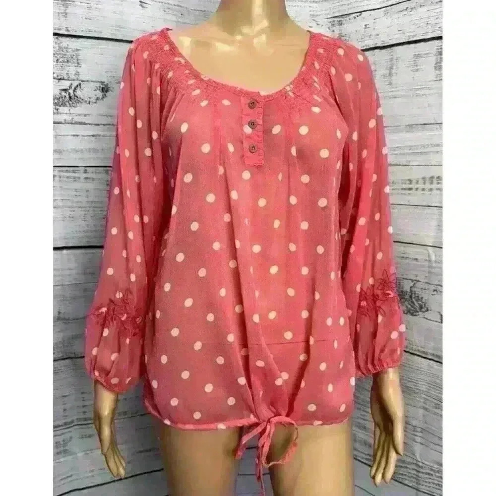 NWT Nine West Vintage America Pink Chiffon Polka Dot Blouse Shirt M‎ Embroidered